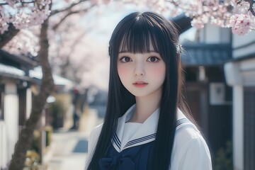 Canvas Print - Portrait of a young Japanese woman in a sailor uniform looking at the camera, in front of a blooming cherry tree