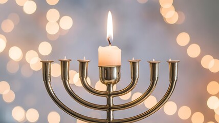 Wall Mural - A lit menorah with a single candle burning against a bokeh background.