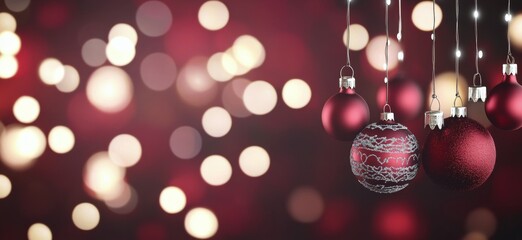 Sparkling holiday ornaments hang against a blurred festive background during winter celebration