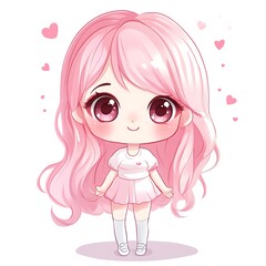 Canvas Print - Cute Pink Hair Chibi Girl Cartoon Character Illustration