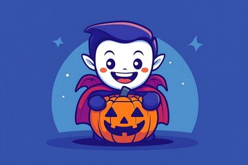 Wall Mural - Cute Cartoon Vampire Holding A Jack O Lantern Pumpkin For Halloween