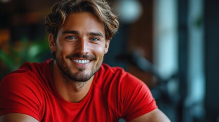 Close-up portrait of a smiling man with wavy hair wearing a red shirt, looking confidently into the camera, relaxed indoor setting, warm lighting, positive expression.