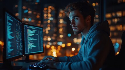 Young man wearing a hoodie, focused on coding at his desk with dual monitors, city lights in the background, night work, software development, intense concentration, programming, tech.
