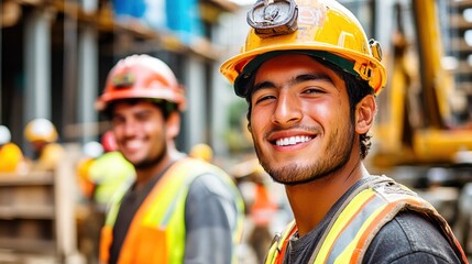 Construction worker smiling with teammates on building site