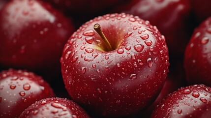 Fresh red apples with droplets glistening in natural light on a dark surface