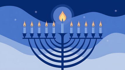 Wall Mural - A menorah with nine lit candles against a blue starry night sky.