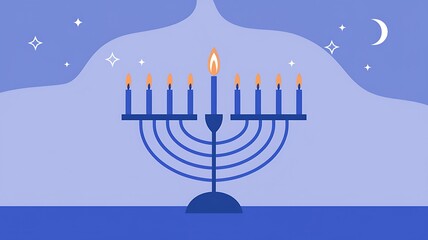 Wall Mural - A blue menorah with eight lit candles and one unlit candle against a night sky background.