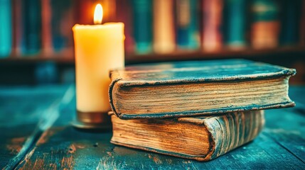 Two old books are lying on a wooden table with a candle burning in the background