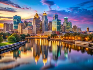 Wall Mural - Stunning Philadelphia City Skyline at Dusk with Vibrant Lights Reflecting on the River Waters