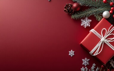 Festive arrangement of Christmas ornaments, a gift box, and snowflakes on a vibrant red background