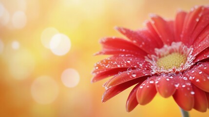 Canvas Print - Bright red gerbera daisy with water droplets in a sunny garden background during springtime