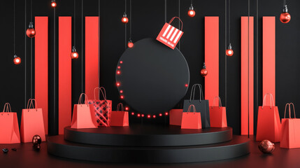 A podium in matte black with bold red and white sale banners, surrounded by shopping bags, price tags, and flashing lights for a high-energy Black Friday display.