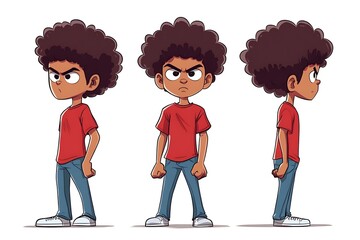 Wall Mural - Cartoon boy character illustration, angry, afro, red shirt, three poses