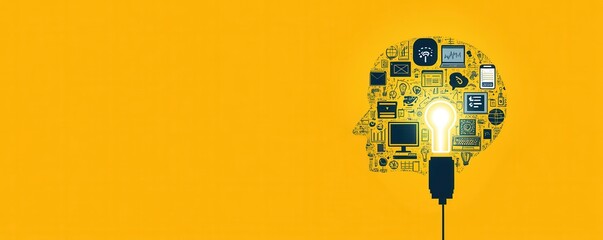 Wall Mural - illustration of a human head silhouette filled with digital icons on a bright yellow background sign