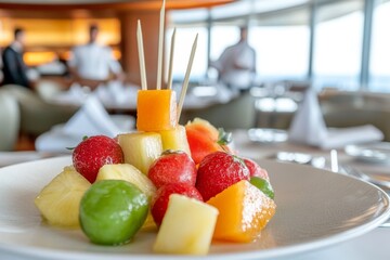 Waiter cutting fruit on a white plate