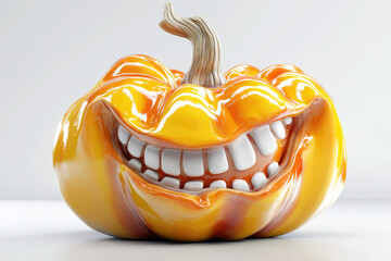 A creatively designed pumpkin with a wide, jolly smile, featuring a detailed, glossy surface and a twisted stem, exuding a fun and whimsical Halloween vibe.