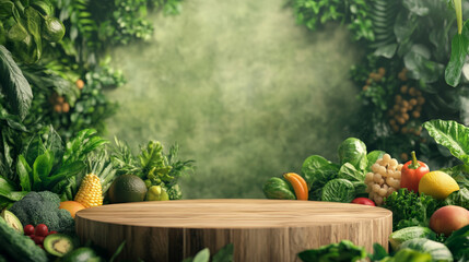 Wall Mural - A wooden podium surrounded by fresh green plants, fruits, and vegetables, set against a clean, eco-conscious backdrop for World Vegan Day.