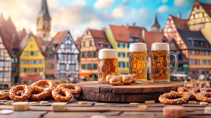 A podium with German national colors, small beer mugs, and pretzels, set against a scenic German cityscape for a festive Germany Day celebration.