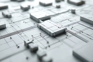 Wall Mural - Abstract 3D render of a circuit board with connected squares, lines, and nodes