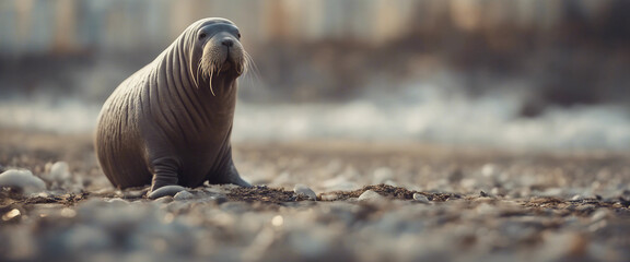 Wall Mural - Walrus Standing on Trash blank covered Beach