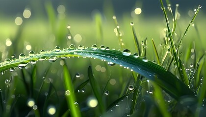 Canvas Print - Sparkling Dewdrops on a Lush Green Grass Border in Intricate Detail