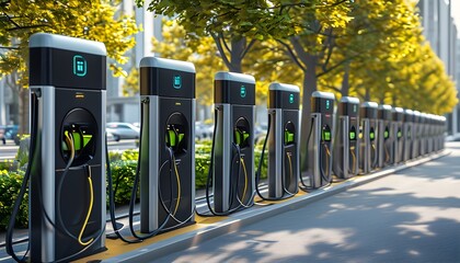 Futuristic public EV charging station with multiple electric vehicle charging points and a sleek, modern design