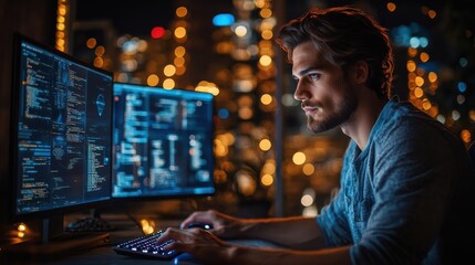 Young man wearing a hoodie, focused on coding at his desk with dual monitors, city lights in the background, night work, software development, intense concentration, programming, tech.