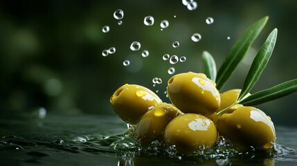 Green background with olives and olive oil floating in the air