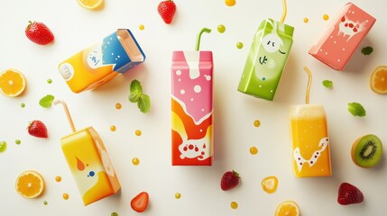 Wall Mural - Colorful Juice Boxes and Fresh Fruit on a White Background