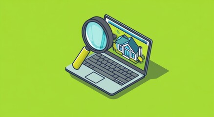 Wall Mural - isometric illustration of a magnifying glass over a laptop, showing a real estate website generative
