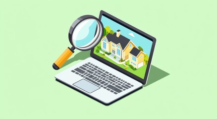 Wall Mural - a laptop computer with a magnifying glass over a real estate website generative ai