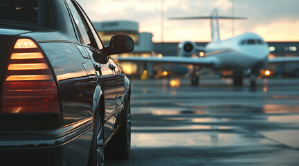 View of black luxury limousine car with private white jet in the background at the airport, private luxury escort