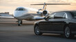 © Enrique - View of black luxury limousine car with private white jet in the background at the airport, private luxury escort