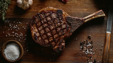 On a wooden surface, a close-up of beef tomahawks and seasonings