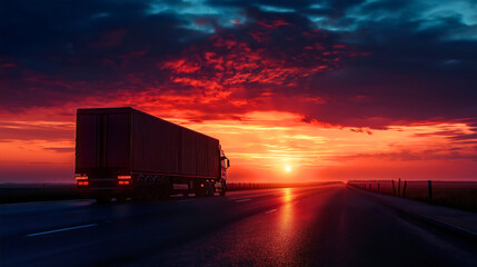 Truck on highway at sunset, cargo transport on open road, freight delivery landscape against golden sky, logistics vehicle with trailer, international shipping scene