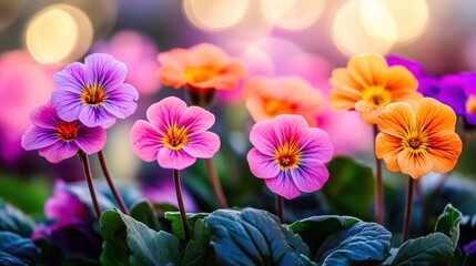 Colorful pansies blooming in a garden with shallow depth of field