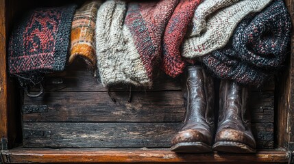 A close-up of a rustic wooden chest filled with vintage woolen blankets and flanked by a pair of old leather boots