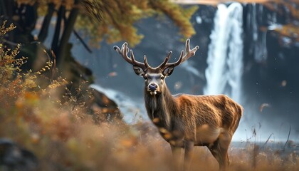 Wall Mural - Majestic deer in serene natural setting with cascading waterfall in the background