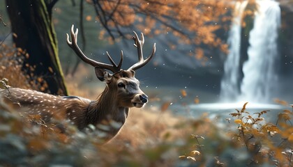 Wall Mural - Majestic deer in serene natural setting with cascading waterfall in the background