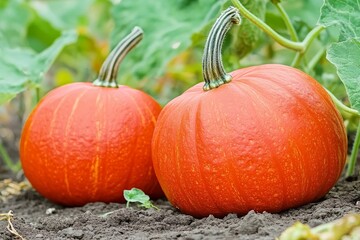 Wall Mural - Closeup view of two orange biological pumpkins in the vegetable garden