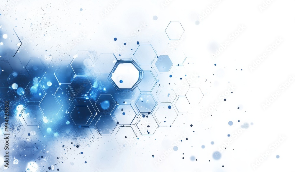 Abstract blue hexagons and dots on a white background with light bokeh ...