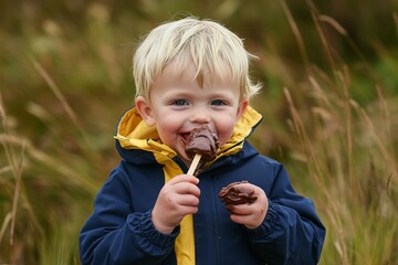 In a park, a cute blond boy is eating ice cream