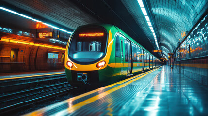 Modern illuminated metro train at futuristic underground station with glowing blue and orange lights, transportation infrastructure, urban commute, sleek design, public transit technology.