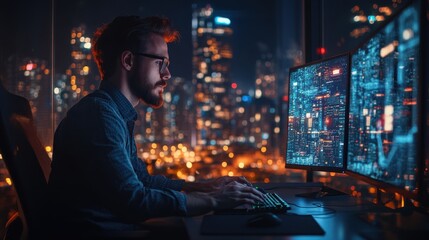 Young man wearing a hoodie, focused on coding at his desk with dual monitors, city lights in the background, night work, software development, intense concentration, programming, tech.