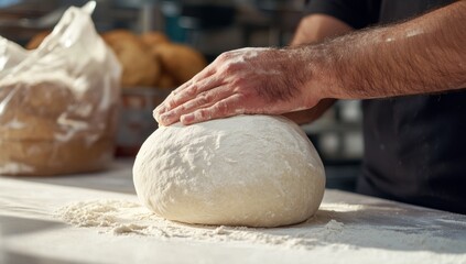 Over a table where flour is scattered is a man's hand holding the dough. Concept of cooking dough products at home.