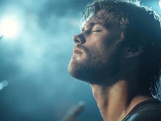 Close-up portrait of a handsome man with his eyes closed, bathed in blue light.