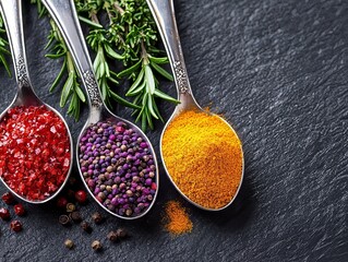 Colorful spices in spoons on a black slate background.