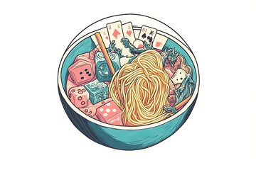 Wall Mural - Ramen Bowl with Playing Cards and Dice, Asian Food Illustration