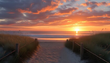 Tranquil Pathway to Beach at Sunset, Enhanced by Silhouetted Beach Grass, Vibrant Orange Sky Reflected in Serene Waters