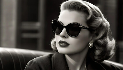 Poster - Vintage Retro Fashion Woman Model with Sunglasses Black and White